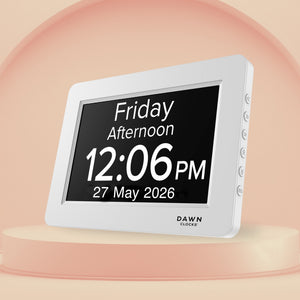 Remarkable Clock by Dawn Clocks. Customisable Calendar and Reminder Clock. White frame. 