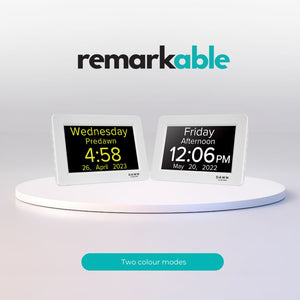 Remarkable Clock by Dawn Clocks. Customisable Calendar and Reminder Clock. Two colour modes.